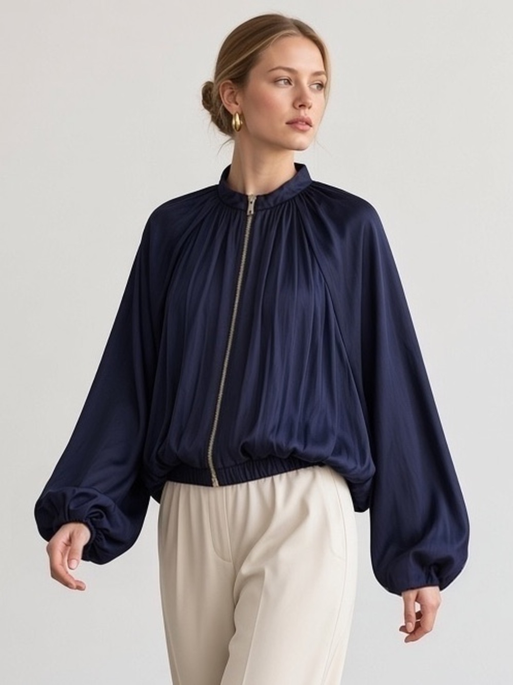 1692 • Dark Navy Matte Satin Dolman Ballon Bubble Hem Bomber Jacket